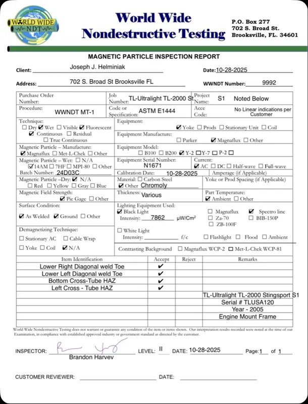 Magnetic-particle inspection report retained for aircraft records