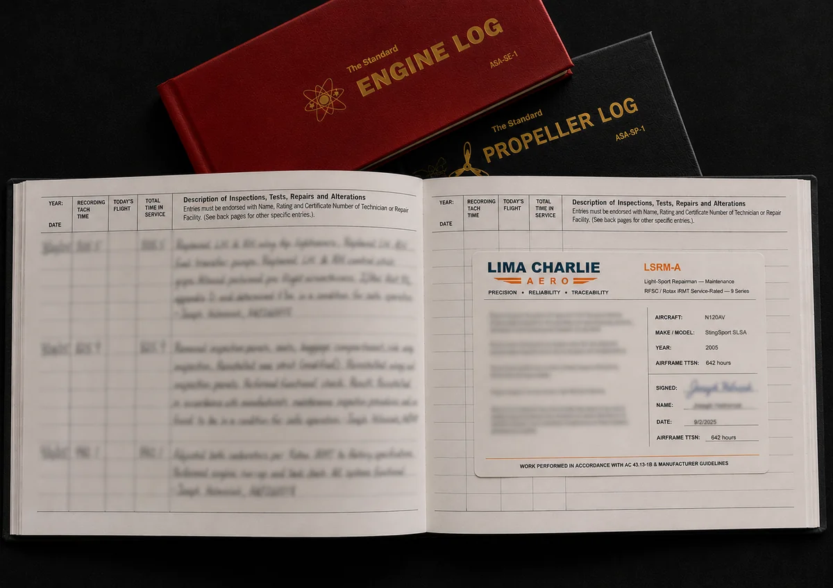 Lima Charlie Aero logbook work sticker and aircraft records documentation