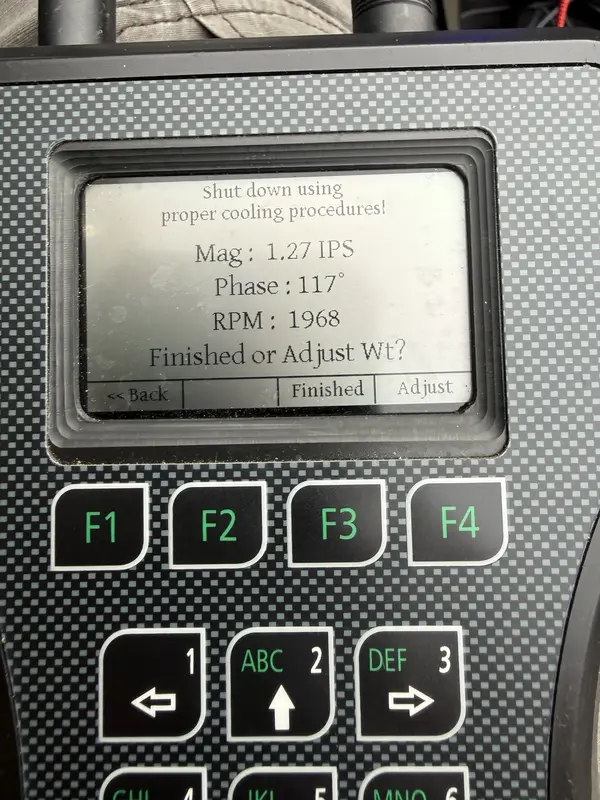 DynaVibe measurement showing a high 1.27 inches per second vibration reading